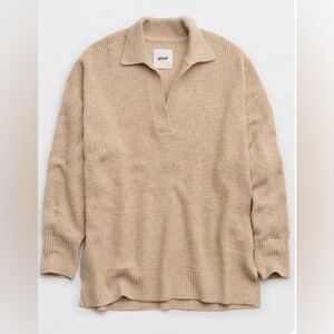 Aerie CozyUp Waffle Polo Sweater in Heather Fawn